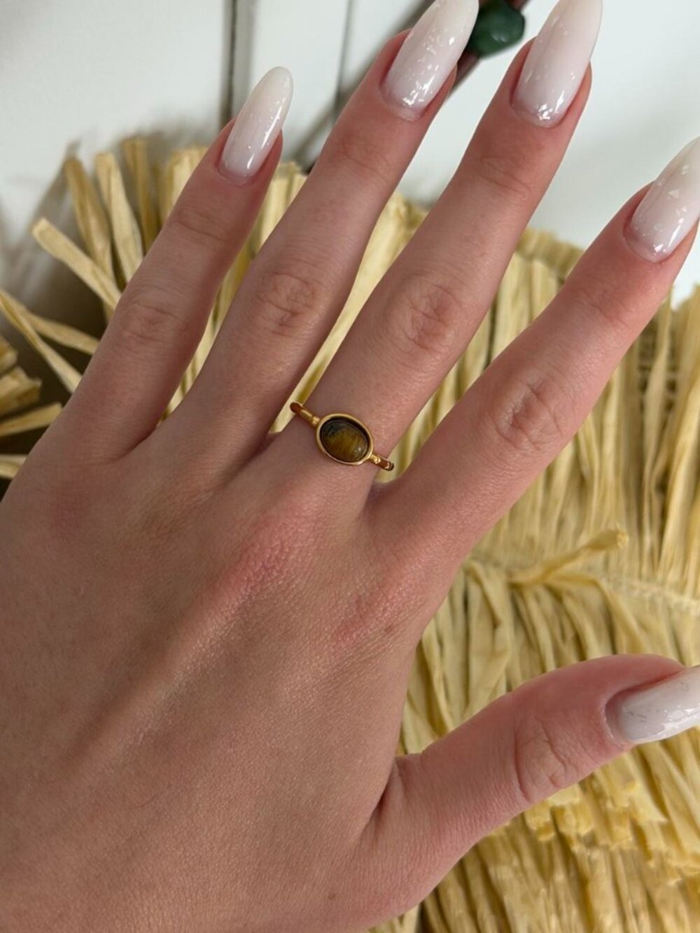 Sku0644 Gold Women ring brown tiger eye stone + gift box Stainless steel